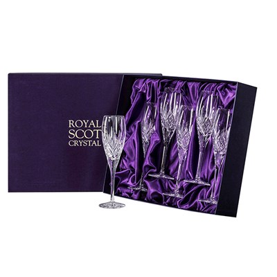6 Royal Scot Crystal Champagne Flutes - Highland - PRESENTATION BOXED